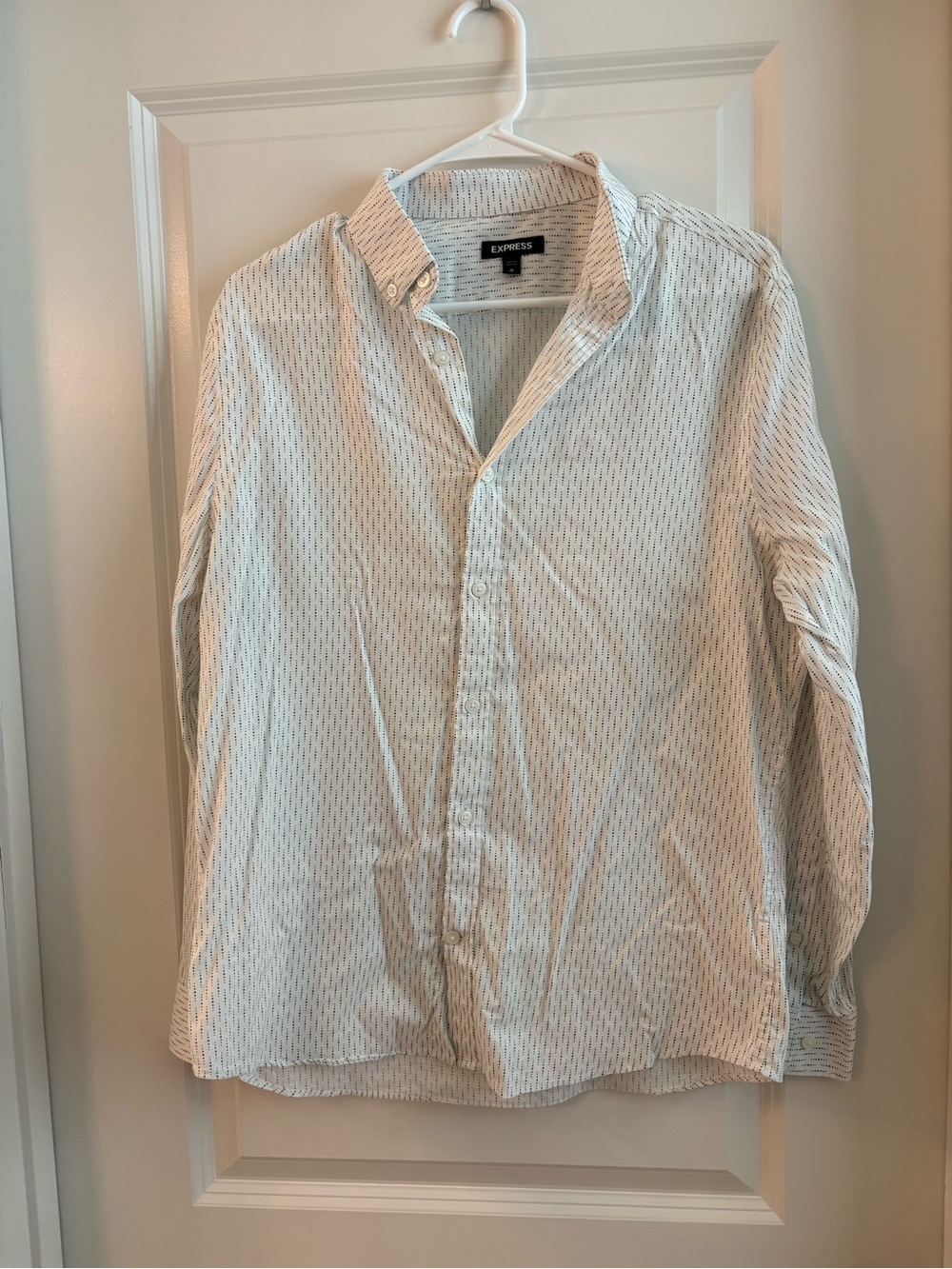 Express White Button-Down Shirt with Subtle Blue Stripe Pattern